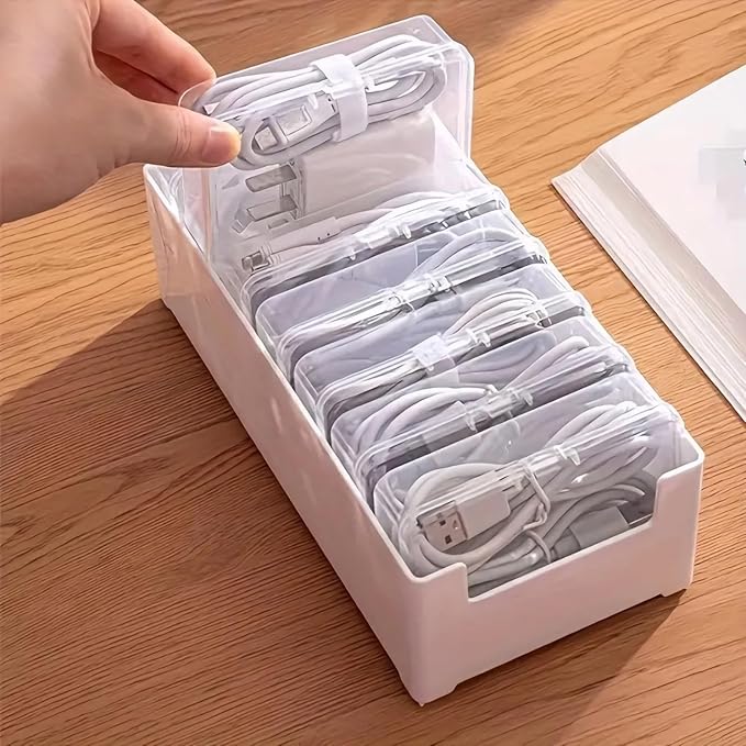 Cable Organizer Storage Box with 7 Wire Ties,Desktop Cable Management Box with Switch, Power Cord Organizer for Office,Home,Desk Accessories Storage Stationery Supplies（Clear）