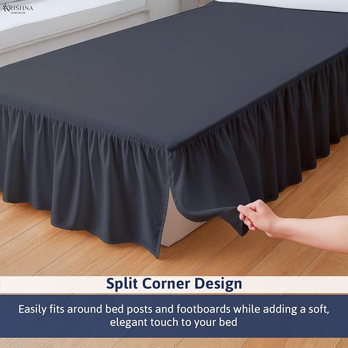 KRISHNA Ruffled Bed Skirt with Split Corners Queen, 100% Microfiber Hotel Quality, 24 Inch Drop Dust Ruffle Gathered Bedskirt with Platform, 60" x 80", Dark Grey