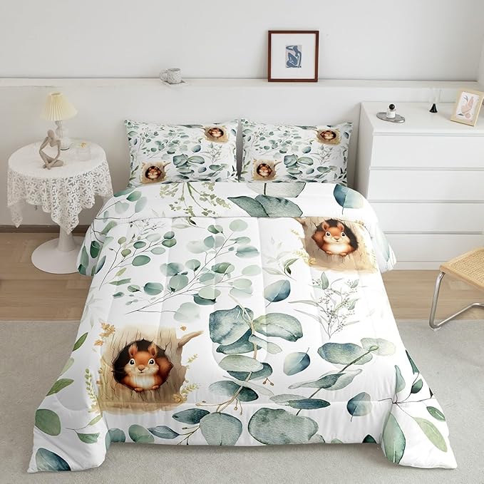 Erosebridal Kawaii Squirrel King Size Comforter Set for Boys Girls Cartoon Animal Bedding Set, Eucalyptus Leaves Down Comforter Jungle Wildlife Bed Set, Tropical Botanical Plants Quilted Duvet