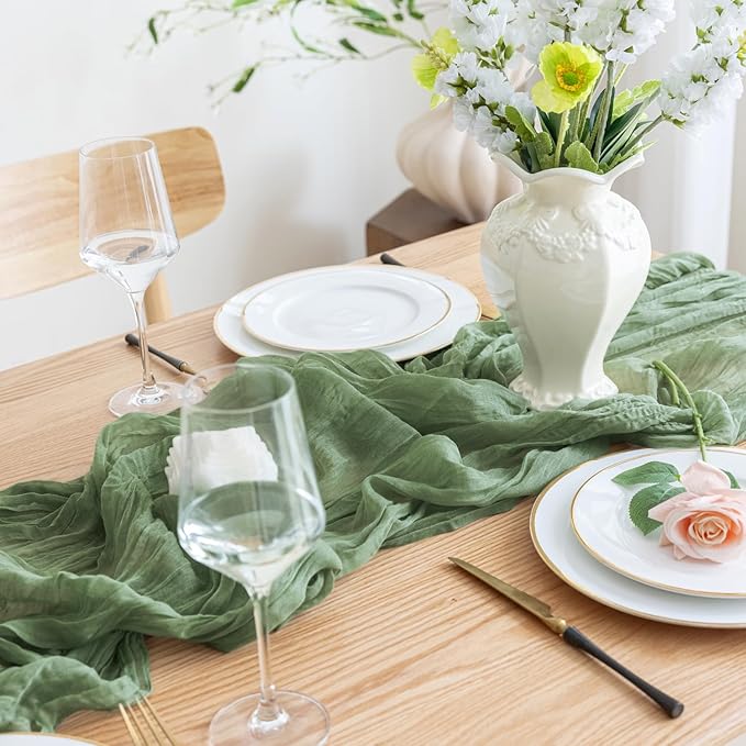Asee'm Cheesecloth Table Runner 120 Inches Sage Green Boho Gauze Cheese Cloth Runner 10FT Rustic Sheer Table Runners for Spring Easter Wedding Baby Shower Holiday Party Decoration