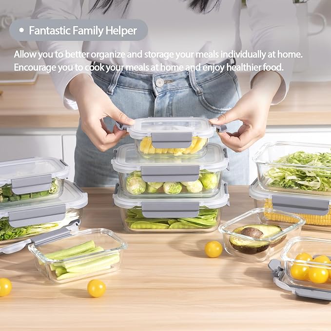 coccot [10 pack Glass Meal Prep Containers with Lids, Glass Food Storage Containers with Snap Locking Lids for Food, Bpa-free, Easy to Open& Close/Microwave,Oven,Freezer,Dishwasher Safe/Leak-Proof