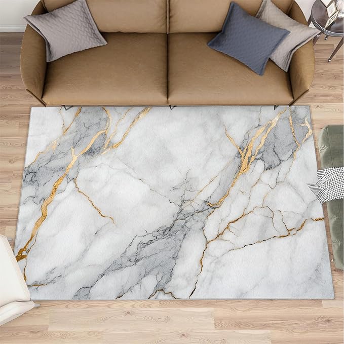 4x5 Abstract Marble Indoor Outdoor Rug - White-Marble Bedside Rug, Modern Luxury Washable Entry Way Rugs Kids Carpet for Inside House Playroom Living Room End Table Nursery