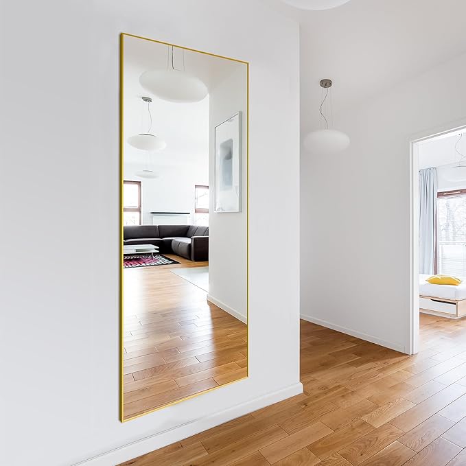 Delma Full Length Standing Mirror,Large Floor Mirror with Aluminum Frame for Bedroom, Bathroom, Living Room,Wall Mount or Freestanding Design(with Stand,Rect 69x24-Gold)