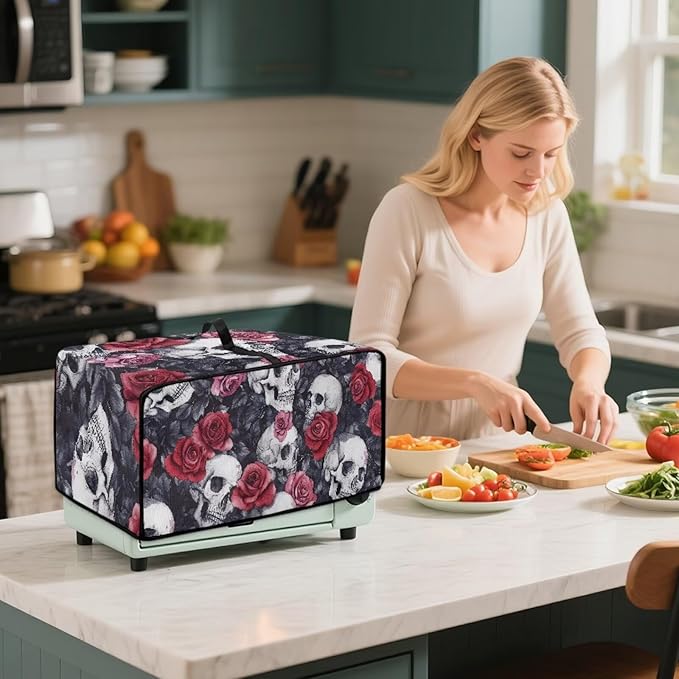 Skull Red Rose Print Microwave Oven Dust Cover Toaster Oven Cover with Top Handle Dust-Proof Kitchen Appliance Protector Dirt and Fingerprint Protection, L