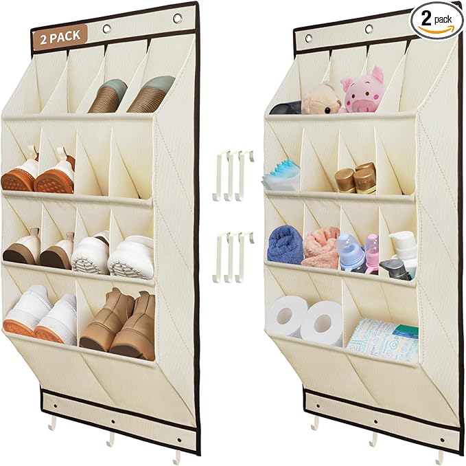 FENTEC 2 Pack Over the Door Shoe Organizer, Hanging Shoe Organizer, 28 Large Deep Pockets Door Shoe Rack with 6 Hooks Shoe Organizer for Shoes, Sneakers, and Home Accessories, Beige