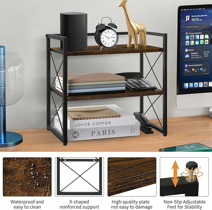 YINMIT Desktop Shelf Organizer, 2 Tier Office Shelves, Wood Desk Organizer Storage Rack and Freestanding Display Shelf for Office, Dormitory, Home