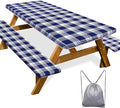 Picnic Table Cover with Bench Covers Camping Essentials Waterproof Windproof Camping Tablecloth with Drawstring Bag, Fitted Rectangle Tables and Seats, 72in, Blue Checkered