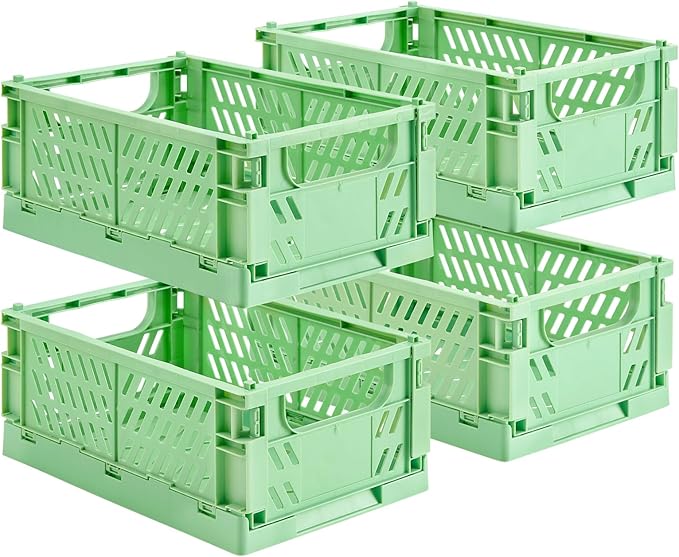 HUUSMOT 4-Pack Small Pastel Plastic Storage Baskets, Collapsible Crates for Organizing, Space-Saving Mini Bins for Classroom, Kitchen, Office, Bedroom (Green, 9.8" x 6.5" x 3.8")
