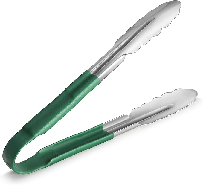 New Star Foodservice 9 Inch Utility Spring Tongs, Set of 12, Commercial Restaurant Grade Stainless Steel Tongs with Green Vinyl Coated Handles