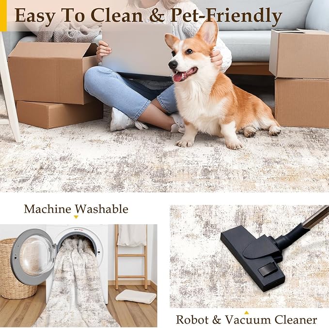 2x10 Washable Runner Rug Beige Grey Abstract Hallway Kitchen Throw Rug Neutral Modern Non Slip Soft Low Pile Carpet for Bathroom Laundry Bedroom Living Room