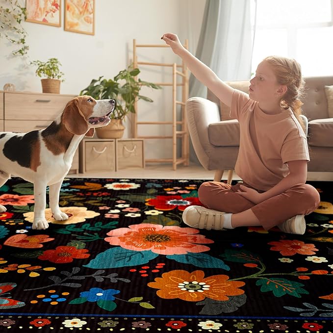 Floral 8x10 Area Rug Machine Washable Soft Print Boho Carpet Non Slip Doormat Low Pile Flower Area Rugs for Living Room Bedroom Nursery Kitchen Dining Room Indoor-Black