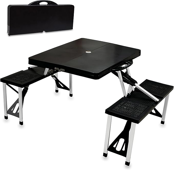 Picnic TIME Portable Folding Picnic Table with Seats for 4, Collapsible Aluminum Table with Benches & Umbrella Hole, Lightweight Foldable Table for Camping, Travel, Backyard, Tailgating | with Umbrella Hole