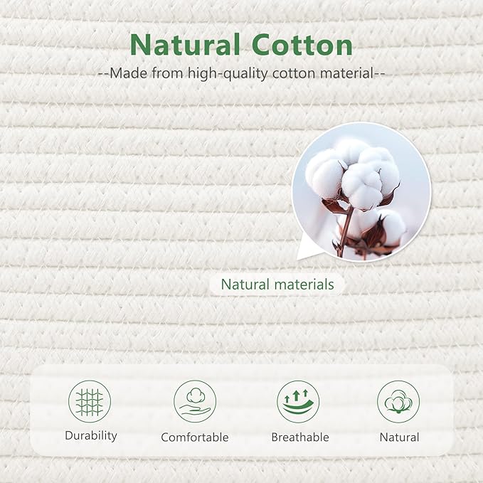 ECDYQXVU Cotton Rope Basket, Storage Baskets with Handle, 15x10x9 Inch Woven Basket for Shelves, Laundry, Towels, Clothes, Books (White 2Pack)