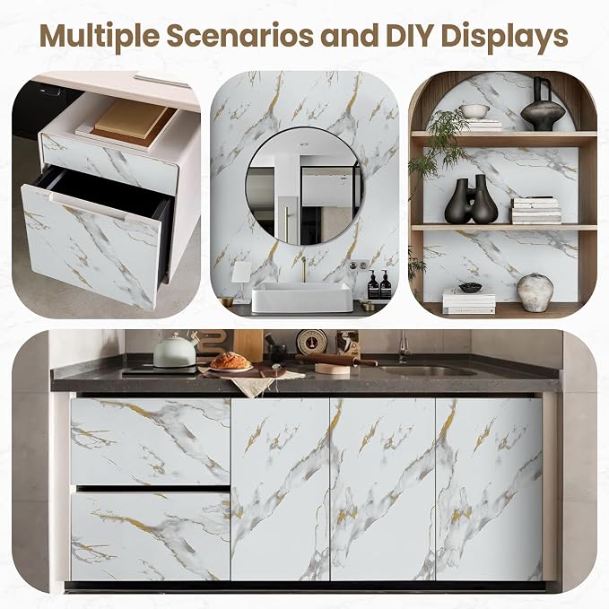 practicalWs Glossy Marble Wallpaper Peel and Stick White/Gold Granite Contact