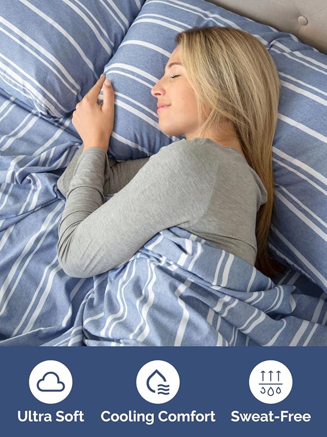 Extra Deep Twin XL Fitted Sheet - Hotel Luxury Single Fitted Sheet Only - Easily Fits 18 inch to 24 inch Mattress - Ultra Soft, Wrinkle Free w/Extra Deep Pockets - Breathable & Comfy - Blue Stripes