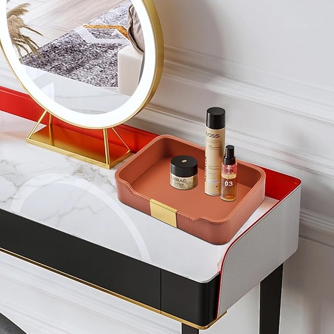 Luxury Leather Valet Tray Desktop Storage Organizer,Bedside Vanity Catchall Tray Nightstand Caddy Holder for Cosmetic,Jewelry,Watch,Keys,Phone,Wallet,Remote Controller,Pen,Orange
