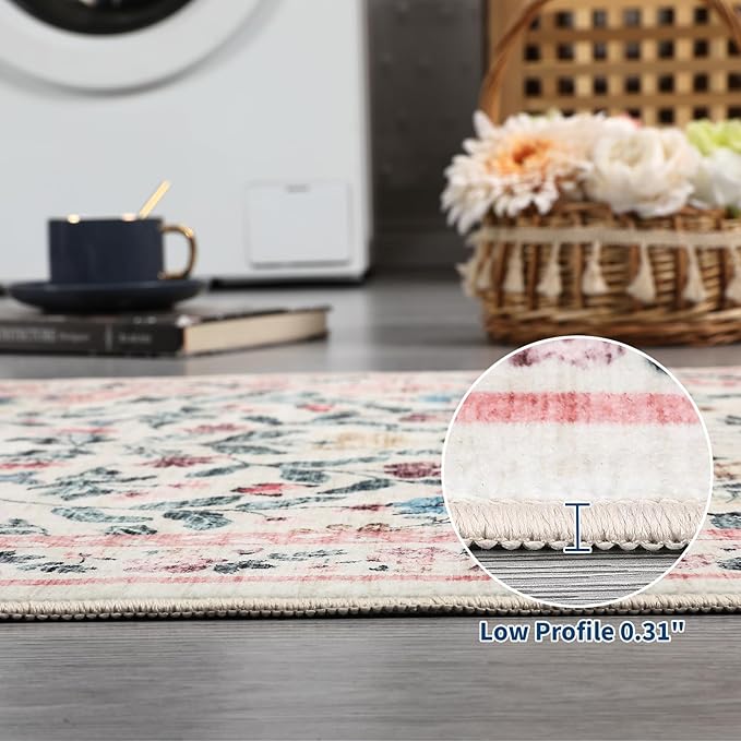 5x7 Washable Non-Slip Rug, Vintage Floral Area Rug for Living Room, Low Pile Farmhouse Distressed Carpet for Nursery Playroom Dorm Teens Office, Pink
