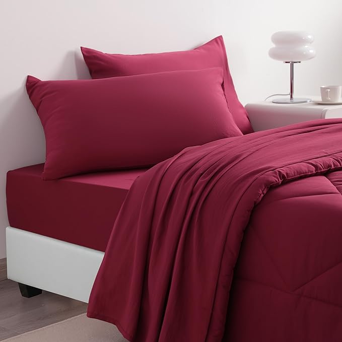NTBAY Twin Comforter Set with Sheets, 5 Pieces Soft and Breathable Twin Bedding Set, Twin Bed in a Bag, Down Alternative Comforter Set Solid Color All Season, Kids Bedding Set, Wine Red