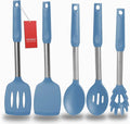 Silicone Spatula and Cooking Spoon,5 Pack Solid & Slotted Spoons and Spatulas High Heat resitant for Kitchen, Stainless Steel Handle Coated with Silicone, Non Stick Utensil, Starry blue