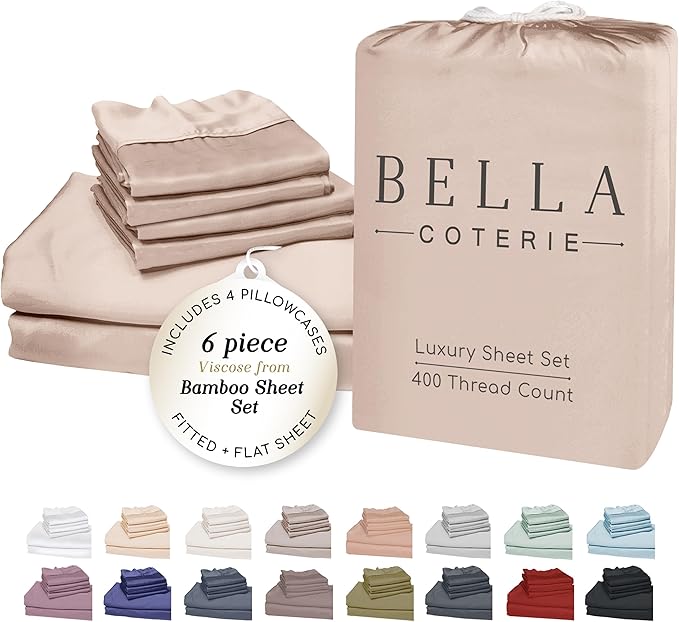 Bella Coterie 6 Piece Luxury Bamboo Viscose Split Top King Size Sheet Set | 34" Split for Adjustable Beds | 100% Organically Grown| Cooling | 18” Deep Pocket | 4 Pillowcases [Dusty Rose]