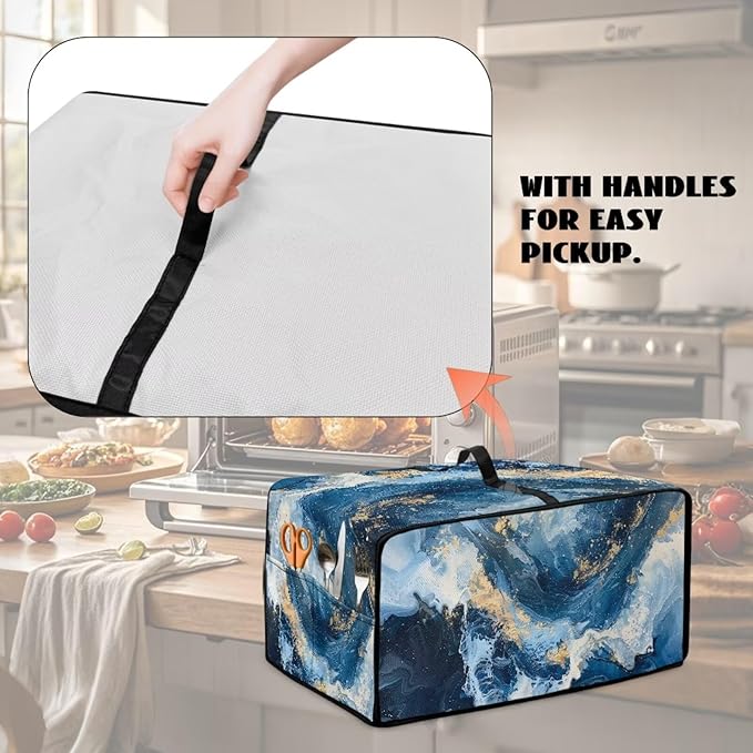 Blue Golden Marble Texture Print Microwave Oven Cover Dust-Proof Polyester-Linen Fabric Toaster Oven Cover Easy to Clean Microwave Grill Cover Protector with Top Handle, L