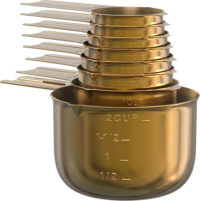 Color Up Measuring Cup Set, 8 Piece – Includes 2 Cup, Gold Finish, Stainless Steel, Accurate for Wet & Dry Ingredients, Embossed Markings, Easy-Pour Spouts, Dishwasher-Safe, Kitchen Essential