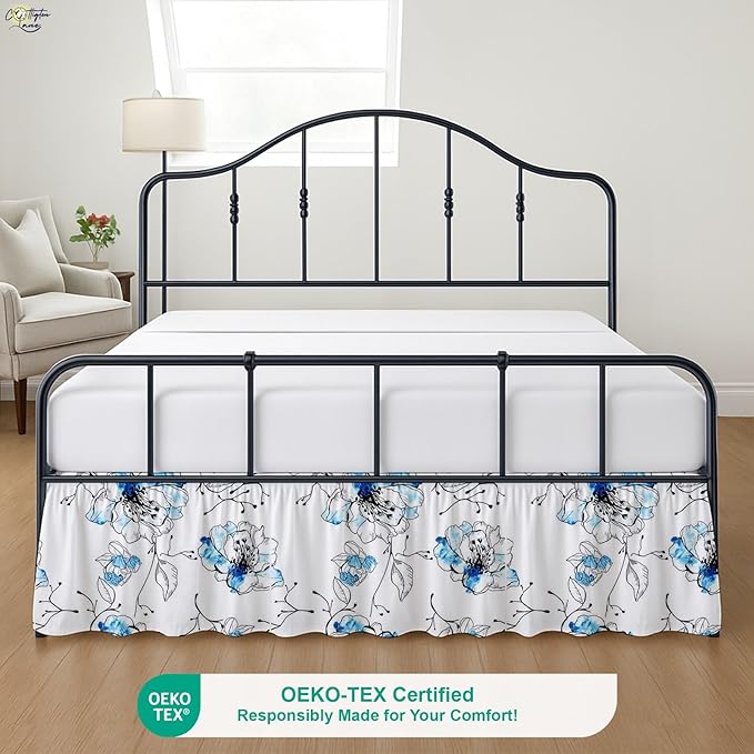 Cottington Lane Ruffled Bed Skirt Full Size with Split Corner, Brushed Microfiber Hotel Quality Dust Ruffle, 15 Inch Drop Gathered Bedskirt, Soft, Stylish, Shrink & Fade Resistant, Blue Blossom