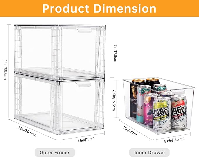 2Pack Large Stackable Kitchen Storage Drawers, Clear Foods Organizer Bins with Handles, Easily Assemble for Bathroom, Kitchen, Pantry, Cabinet, Closet(XL-UP Handle)