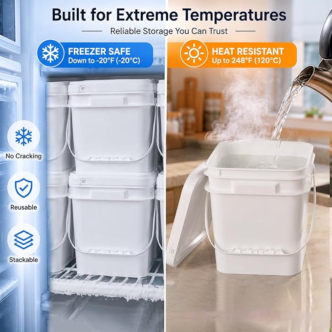 DEMORA 1.3Gallon Food Grade Square Plastic Bucket with Lid, Clear Airtight Storage Container, Reusable Pail for Kitchen Food Water Ice Cream Household Use 4Pcs (2 White+2 Transparent)