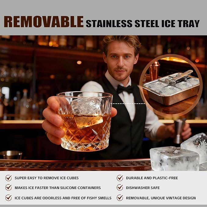 YeQIENGC Stainless Steel Ice Cube Trays with Lever - 6 Large Cube Mold for Whiskey & Cocktails, Professional Heavy Duty Metal Freezer Tray, Non-Toxic & Easy Release for Kitchen & Bar Use