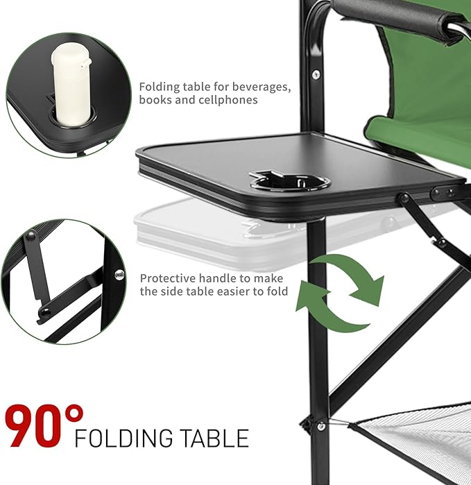Outvita 26" Tall Directors Chair Height Seat Folding with Side Table Storage Bag, Support for 300Lbs Portable Makeup Artist Chair with Bar Height(Dark Green/Black)