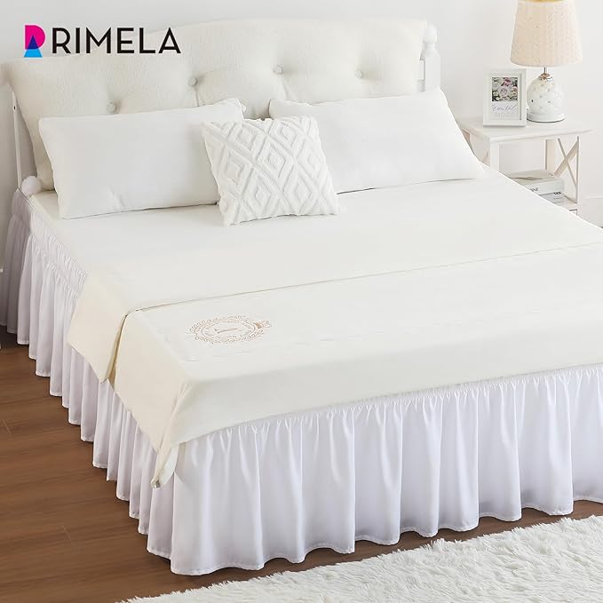 RIMELA White King Size Bed Skirt 12 Inch Drop, Elastic Bed Skirts Cal King Dust Ruffle, White Bedskirt for Adjustable Bed Base Solid Fade Resistant Silky Fabric Machine Washable Easy to Install