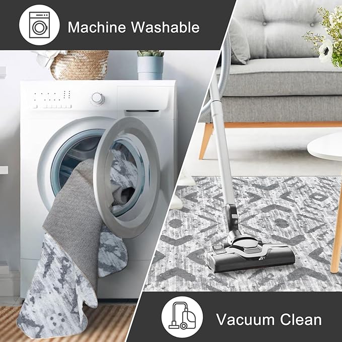 KILOCOCO Kitchen Runner Rug Hallway Runner Rug Washable, Soft Runners Rugs Non Slip Printed Distressed Laundry Room Rugs, Low-Pile Runners for Entryway/Bedroom/Living Room, 2x5 Gray/White