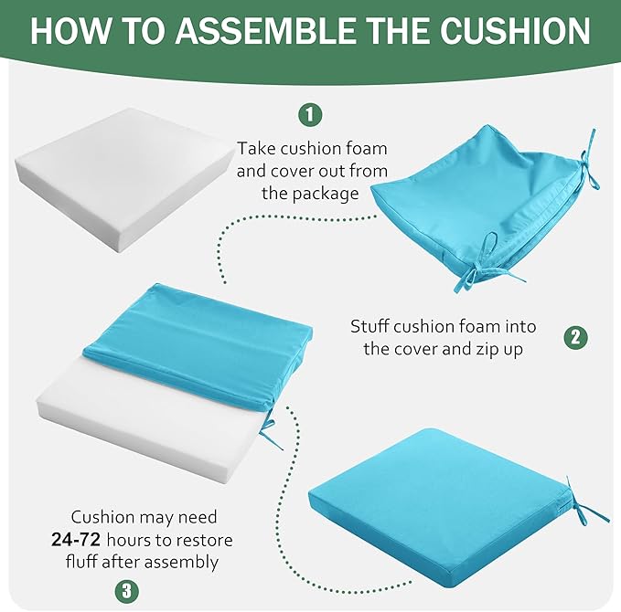 Outdoor Chair Cushions Set of 4: Waterproof & Color Fastness Seat Cushion for Patio Furniture - 22 x 22 x 3 Inch Chair Pads with Ties and Hidden Zipper - Patio Chair Cushion Replacement, Teal