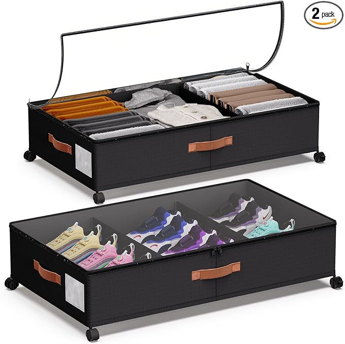 Under Bed Storage 2 Pack 66L for Dorm & Small Apartment - Rolling Containers with Wheels & Clear Lid, Metal Frame, Adjustable Dividers for Clothes/Shoes/Blankets, Easy Roll & See Inside, Black