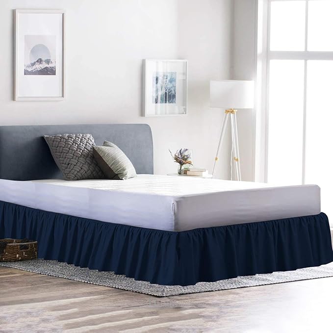 Ruffled Bed Skirt (Short Queen, Navy Blue Color) 12 Inch Drop Dust Ruffle with Platform, 100% Cotton 800 Thread Count Fabric - Dust Ruffle Bedskirt for Easy Fitting and Easy Care