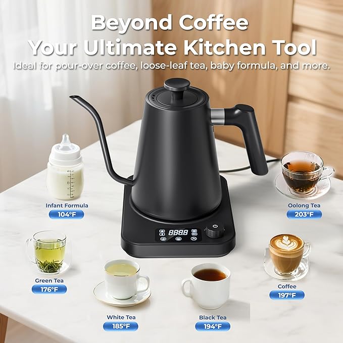 AGORVIO Gooseneck Electric Kettle, ±1°F Temperature Control Electric Kettle, 1.0L 1200W Fast Heating, 24H Keep Warm, 30Min Auto Memory, Food Grade Stainless Steel, Pour Over Kettle for Coffee and Tea