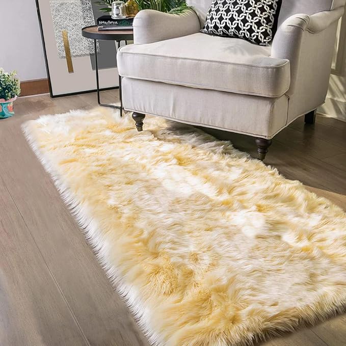 Latepis Yellow Runner 2x6 Fluffy Rug Faux Sheepskin Fur Rug for Bedroom Living Room Décor Cushion Fuzzy Boho Rugs, Runner