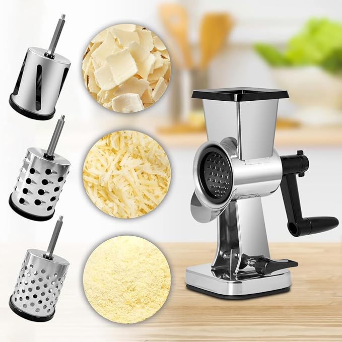 LHS Stainless Steel Rotary Cheese Grater with 3 Interchangeable Drum Blades