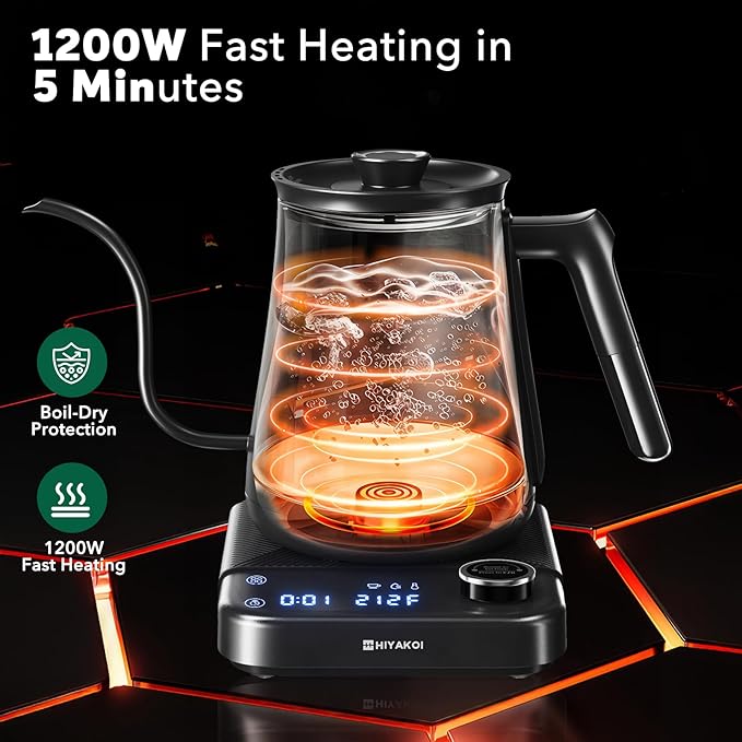 Gooseneck Electric Kettle HIYAKOI with ±1℉ Temperature Control, Pour Over Kettle for Coffee & Tea, 1200W Rapid Heating, Stainless Steel Water Boiler with 12H Keep Warm & Built-in Timer, 0.8L/27oz