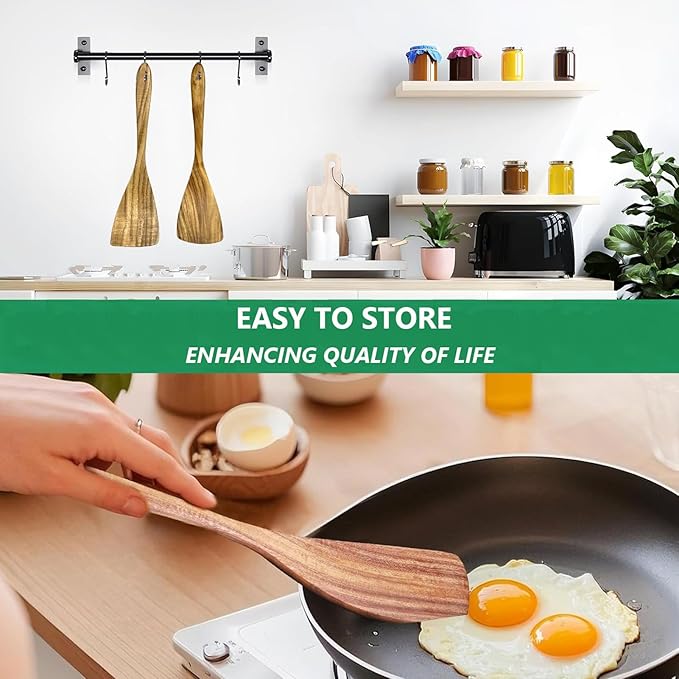 WOODBALA Teak Wood Rigth Handle Flat Turner for Kitchen Use, 2 Pcs Long Wooden Spatula for Cooking, Non Stick Wooden Cooking Utensils Set Flat Spatulas