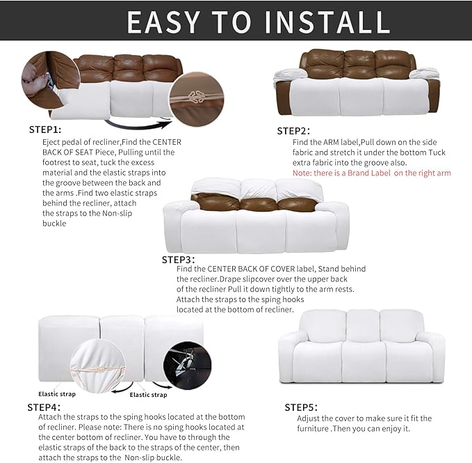 Easy-Going 8 Pieces Recliner Sofa Stretch Sofa Slipcover Sofa Cover Furniture Protector Couch Soft with Elastic Bottom Kids, Spandex Jacquard Fabric Small Checks Snow White