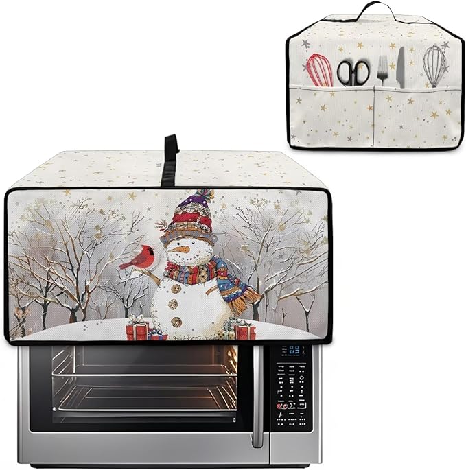 Christmas Air Fryer Toaster Oven Dust Cover Dustproof Convection Oven Cover with Pockets for Small Kitchen Appliances, L, 18.5 x 22.5 x 13 Inches, Snowman Cardinal Bird Tree Star White