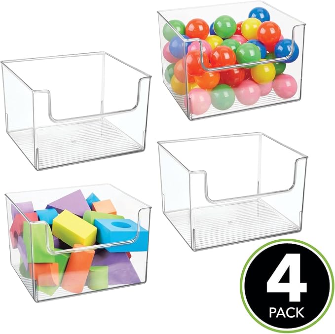 mDesign Modern Plastic Open Front Dip Storage Organizer Bin Basket for Household Organization - Shelves, Cubby, Cabinet, and Closet Organizing Decor - Ligne Collection - 4 Pack - Clear