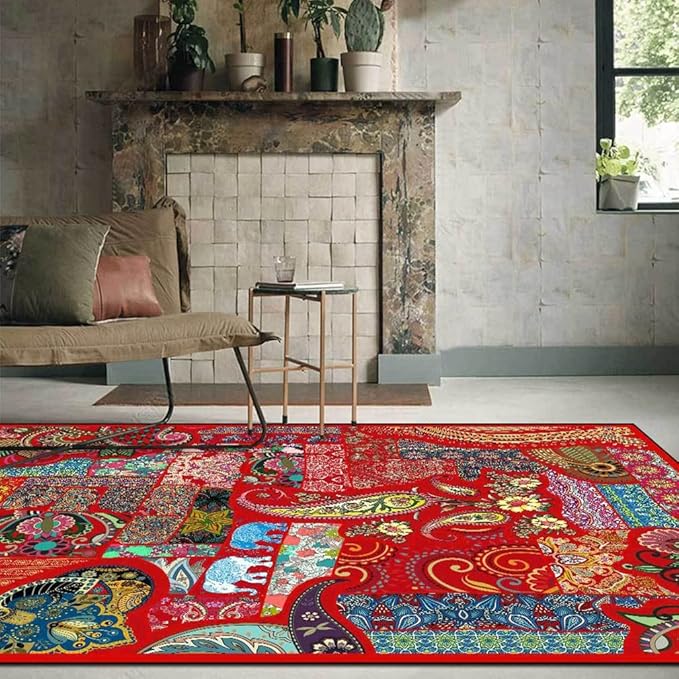 Vintage Boho Area Rugs Multicolor Ethnic Style Geometric Splicing Carpets Bedroom Living Room Kitchen Floor Mats Indoor Outdoor Non-Shedding Runner Rug Home Décor Carpet 3' X 7'
