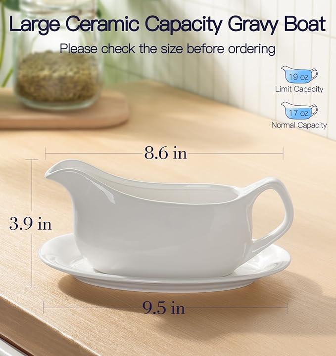 Dizada Gravy Boat with Saucer 19 Oz Set of 2 - White Porcelain Gravy Bowl, Ceramic Sauce Dispenser for Turkey, Dressing, Creamer, Microwave Dishwasher Safe