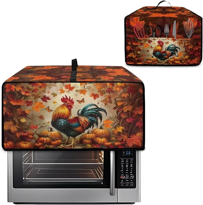 Air Fryer Toaster Oven Cover with Pockets, Stain-resistant Microwave Oven Protector for Kitchen Countertop, L, 18.5 x 22.5 x 13 Inches, Chicken Rooster Pumpkin Fall Leaves