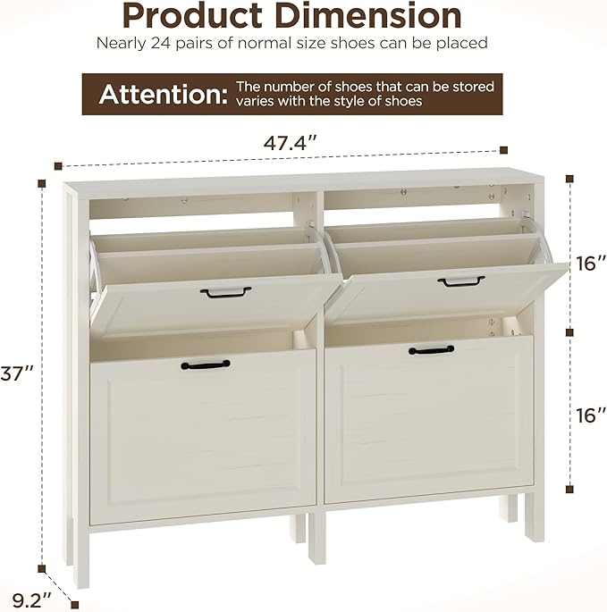 LOUVIXA Shoe Cabinet with 4 Flip Drawers, Narrow Shoe Storage Cabinet, Freestanding Shoe Cabinet Organizer, Hidden Shoe Rack Cabinet for Entryway, Hallway (4-Drawers, Off White/4-drawers)