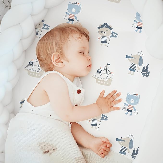 Baby Bassinet Sheets Girl Boy, Stretch Fitted Bassinet Sheet Set 3 Pack Bassinet Mattress Sheets Universal Fit for Rectangle, Round, Oval, Hourglass Mattress, Soft Breathable Blue Ocean Sailor