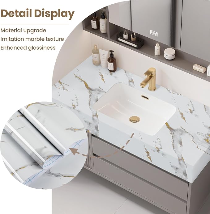 practicalWs Glossy Marble Wallpaper Peel and Stick White/Gold Granite Contact